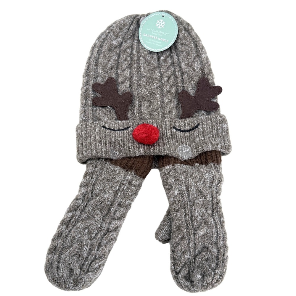 Barnes & Noble Reindeer Hat Mittens Set Kids 3-6Y Gray Fleece Lined Cable Knit